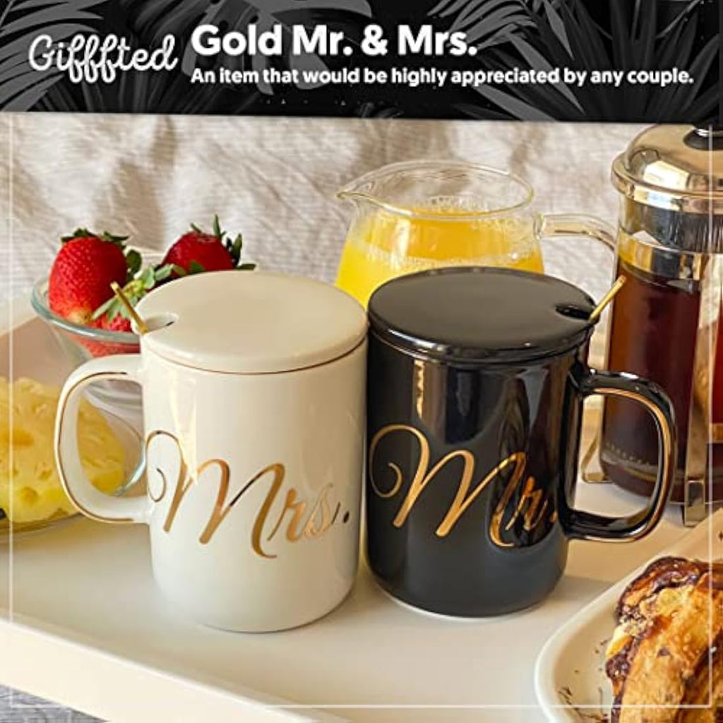 Triple Gifffted Mr and Mrs Ceramic Coffee Mug Set with Lids - 380ml
