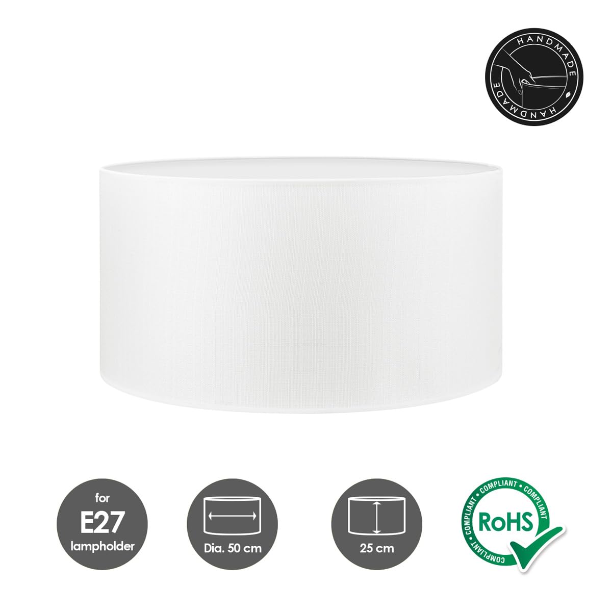 White Cotton Drum Lampshade – Modern 50cm Cylinder for E27