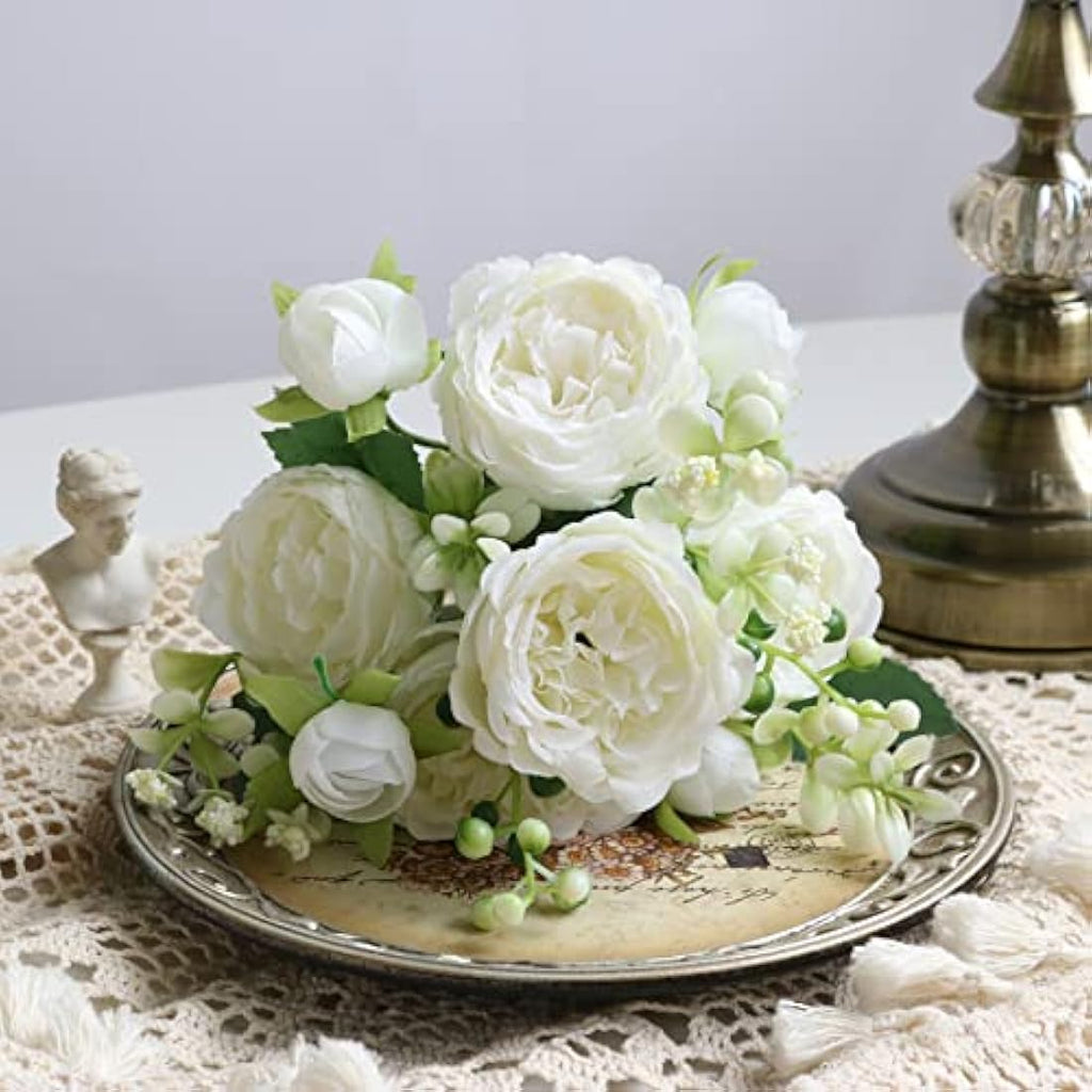 FADACHY White Real Touch Silk Peonies – 4 Bunches Artificial Flower Bouquet
