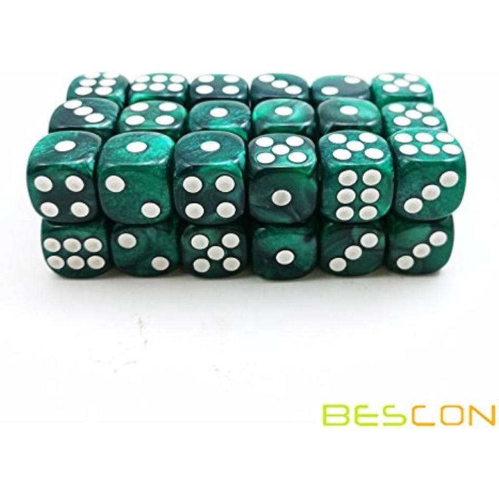 Bescon 12mm Marble Green 6-Sided Dice Set | 36 Count Block with Box