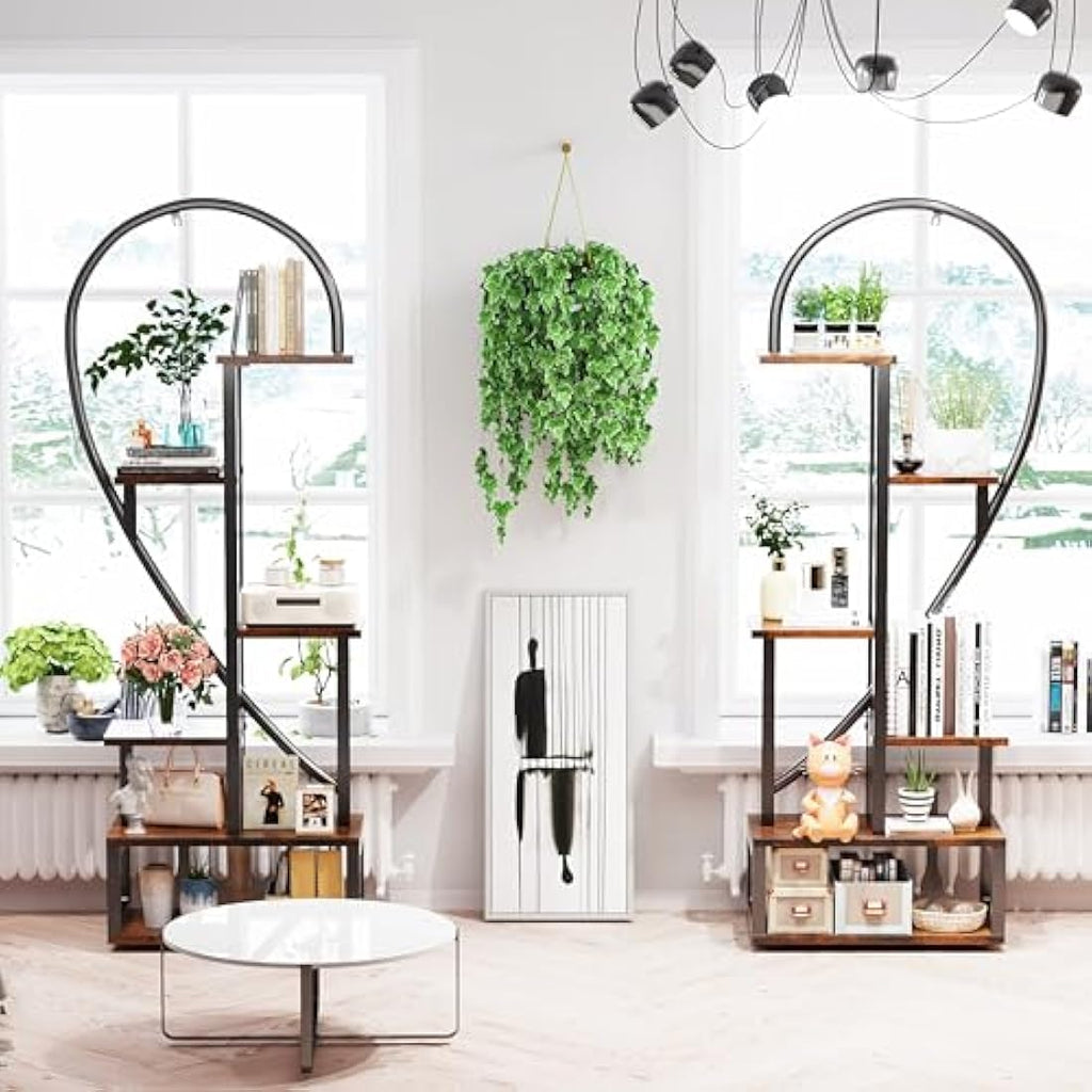 unho 6-Tier Heart Shaped Plant Stand – Tall Wood and Metal Flower Rack