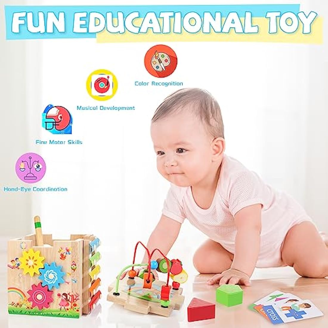 Jolof Store 8-in-1 Wooden Activity Cube | Montessori Toddler Toy (Pink)