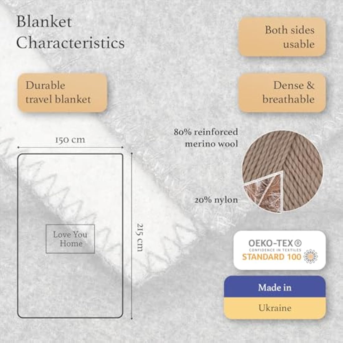 LYHome Merino Wool Travel Blanket – Warm Outdoor Camping Throw, Gray