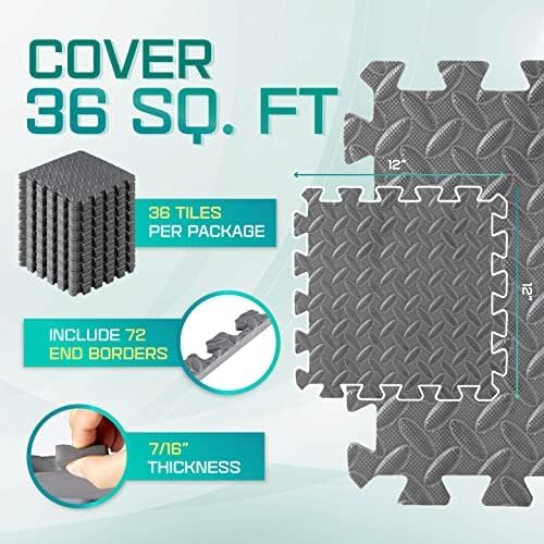 Yes4All Interlocking EVA Foam Exercise Mats – 36 Tiles, Gray, 36 Sq Ft