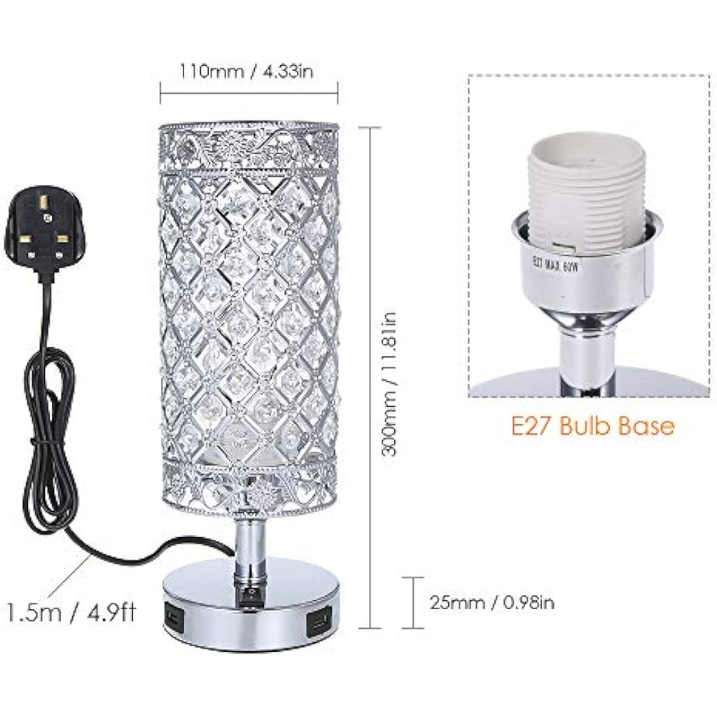 Tomshine Crystal Bedside Table Lamp with Dual USB Ports – Silver