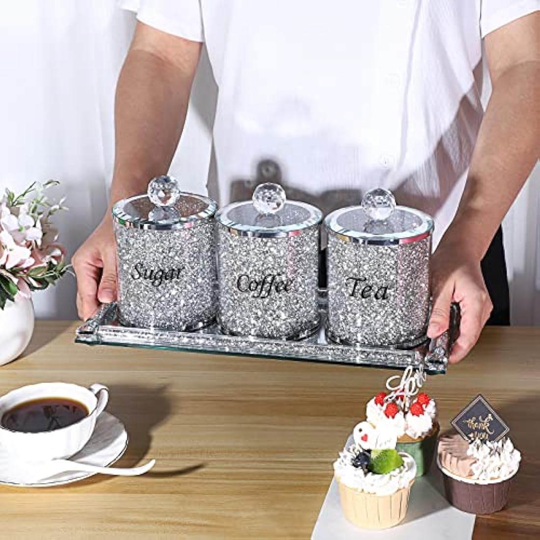 Jolof Store Crushed Diamond Glass Kitchen Canisters with Tray - Set of 4