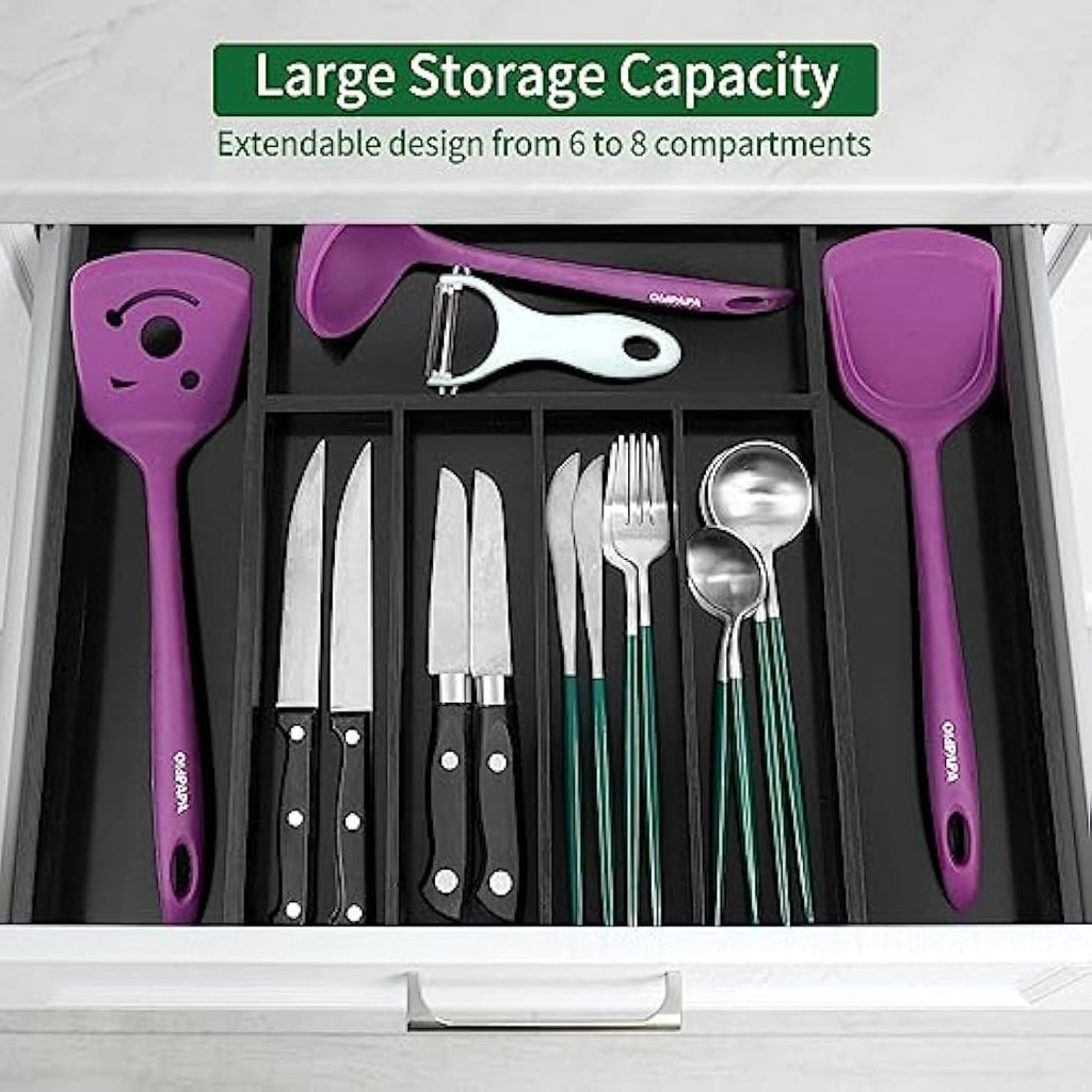 Utoplike Expandable Bamboo Cutlery Drawer Organiser | Black Utensil Tray
