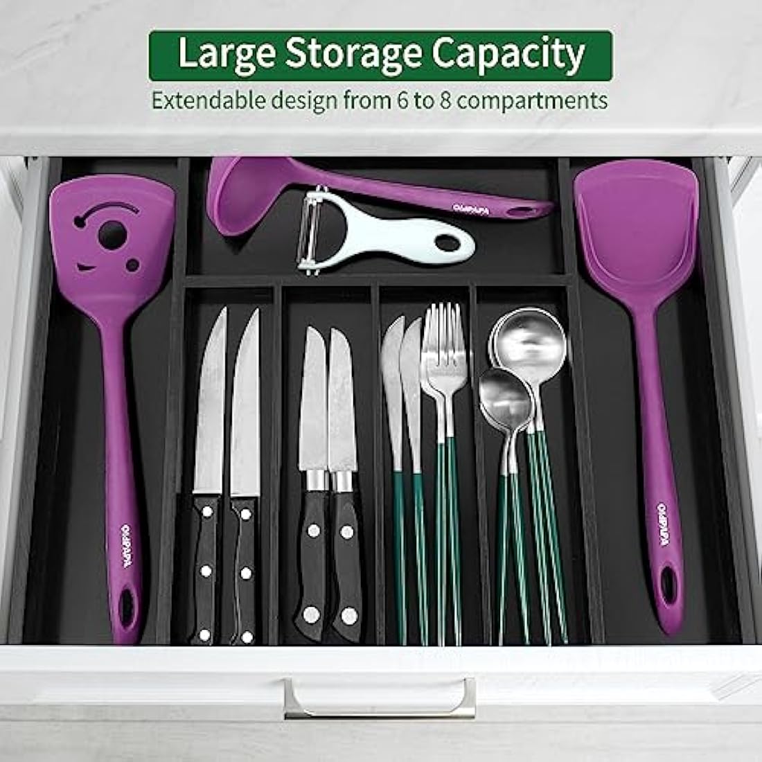 Utoplike Expandable Bamboo Cutlery Drawer Organiser | Black Utensil Tray