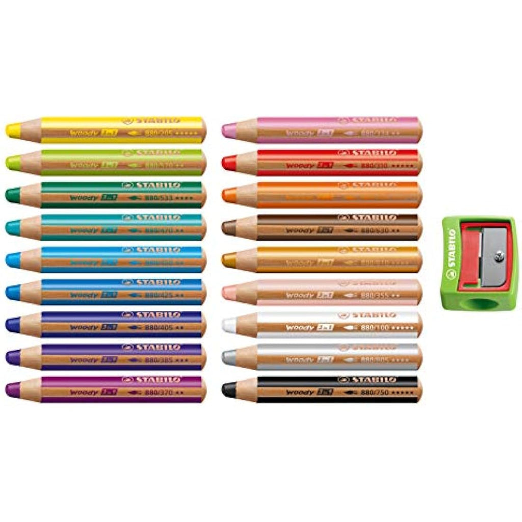 STABILO Woody 3-in-1 Multi-Surface Pencils - Pack of 18 with Sharpener