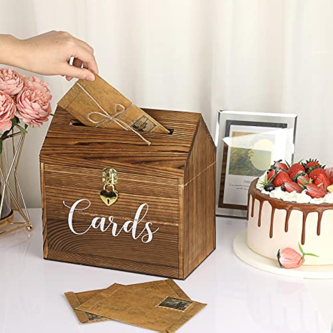 SUMNACON Wood Wedding Card Box with Heart Lock – Vintage Reception Holder