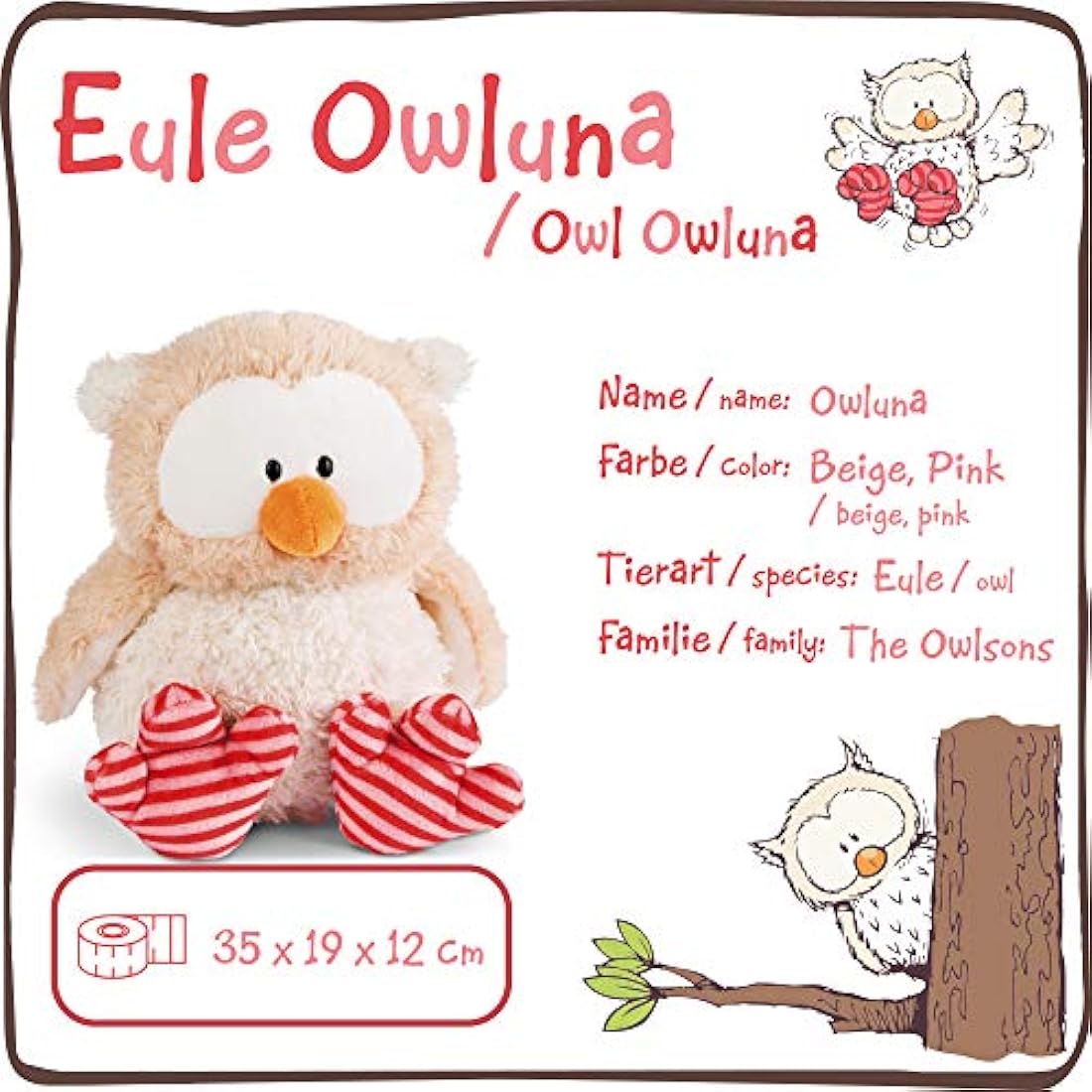NICI Owluna Plush Toy – 35cm Cuddly Owl with Turnable Head, Beige/Pink