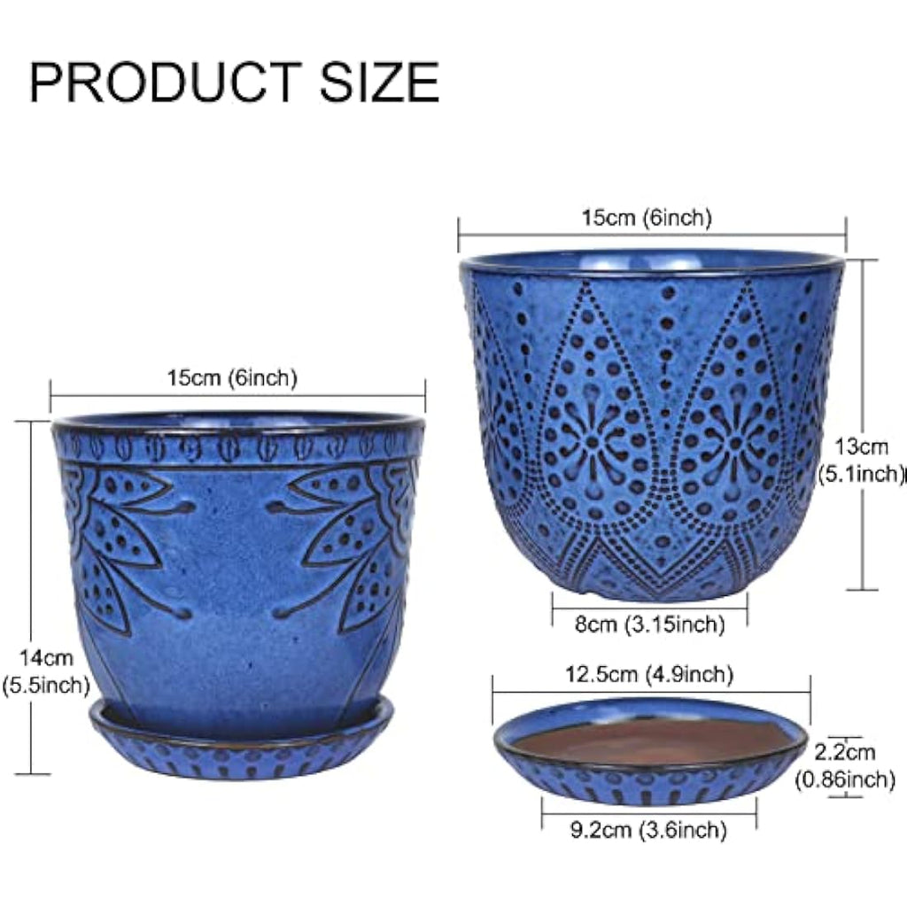 Beaded Ceramic Planter Set – 15CM Round Flower Pots, Blue