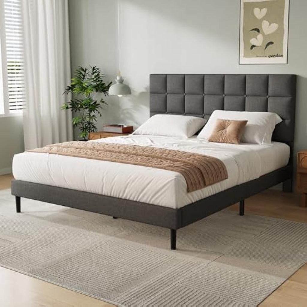 Double Upholstered Platform Bed Frame with Headboard – Gray