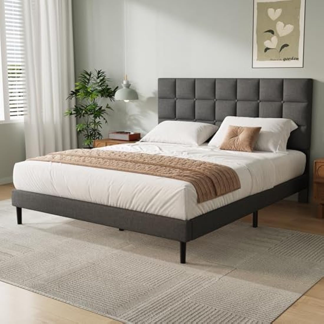 Double Upholstered Platform Bed Frame with Headboard – Gray