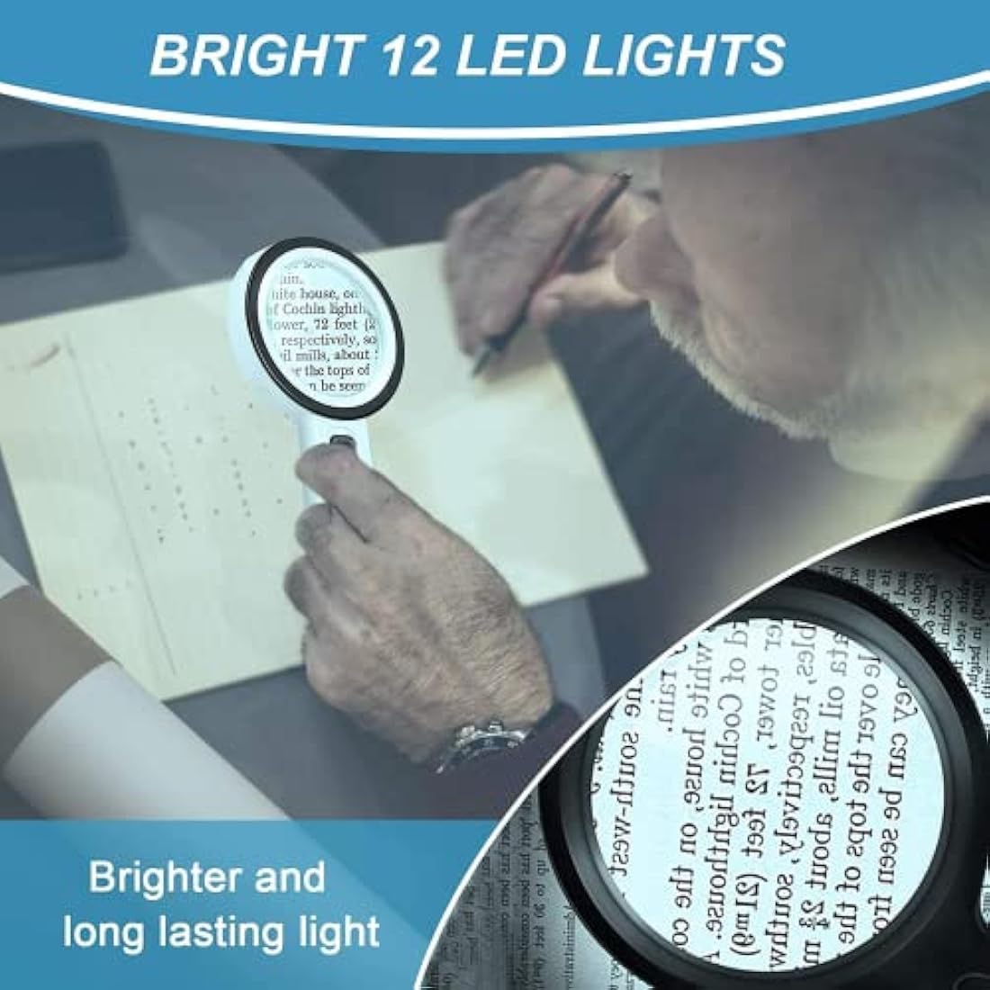Nazano 30X Handheld Magnifying Glass with 12 LED Lights for Seniors