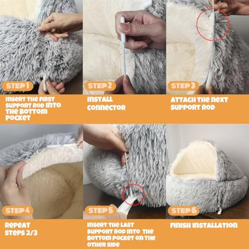 Hooded Cave Dog Bed – Calming Plush Donut Pet Bed, Grey
