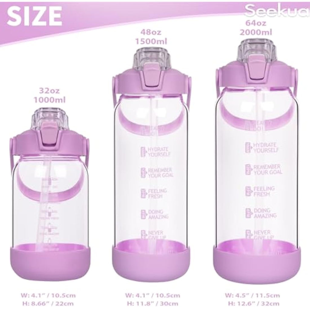 Seekua 2L Glass Water Bottle with Straw | Motivational Time Markings