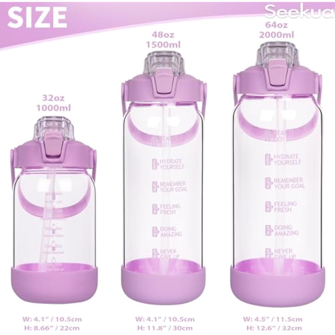 Seekua 2L Glass Water Bottle with Straw | Motivational Time Markings
