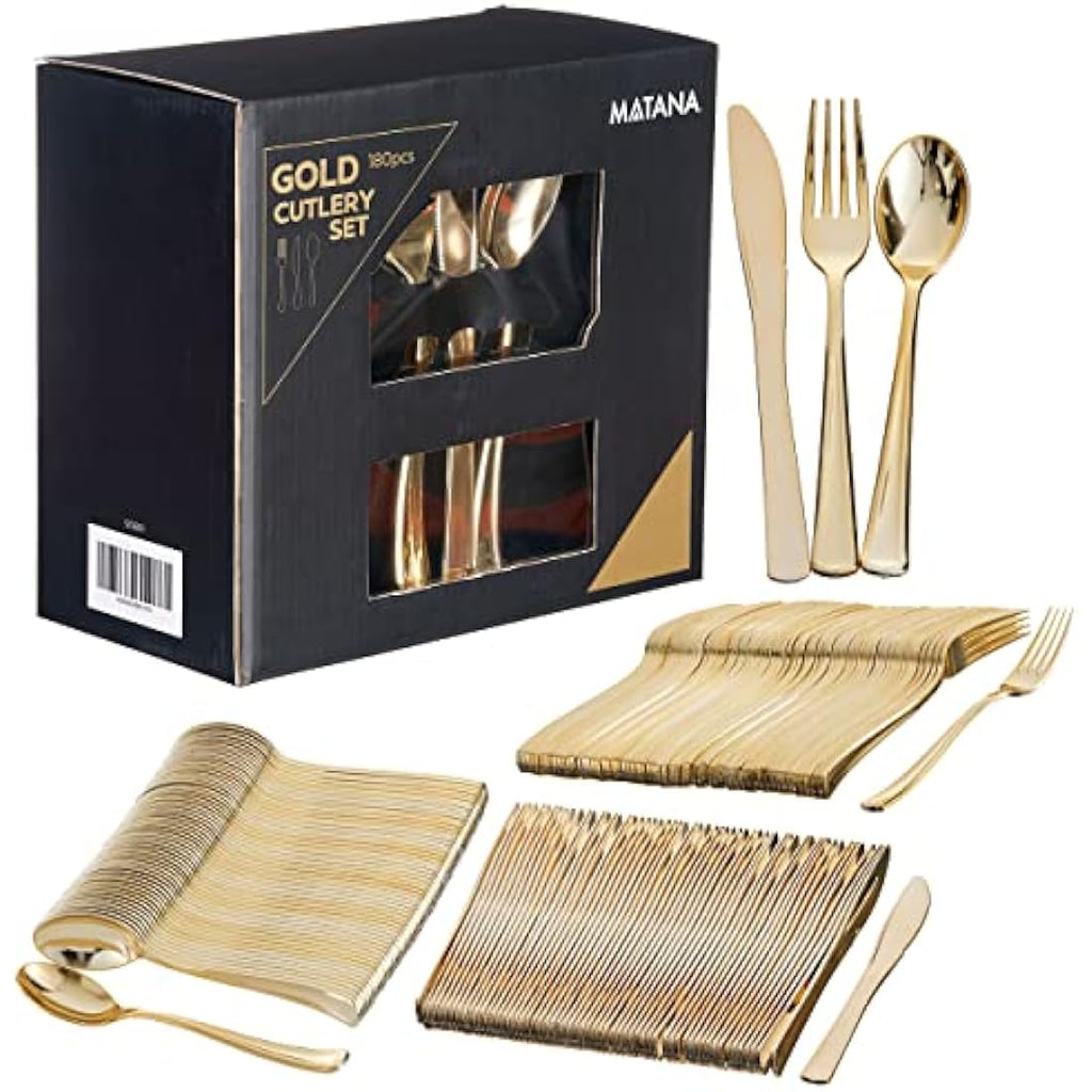 MATANA 180-Piece Gold Plastic Cutlery Set – Reusable Heavy Duty Tableware