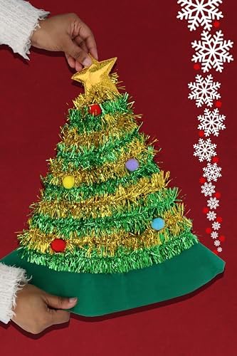 Henbrandt Christmas Tree Hat with Tinsel and Gold Star Topper - 43cm