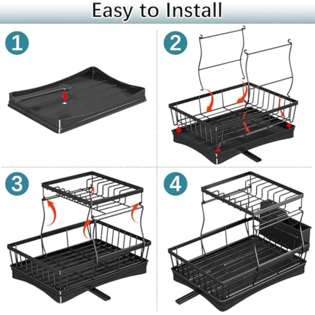 StowBin 2-Tier Dish Drying Rack with Drainboard - Black Metal Drainer