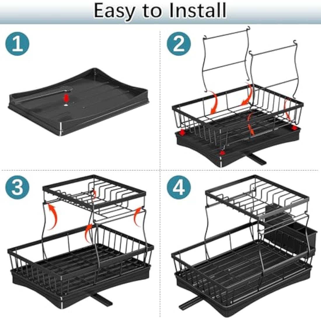 StowBin 2-Tier Dish Drying Rack with Drainboard - Black Metal Drainer