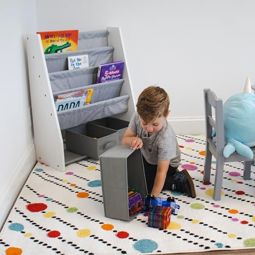 Humble Crew Wooden Kids Bookshelf | 4-Tier Storage with 3 Bins - Grey