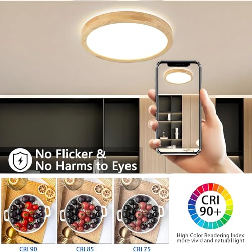 YYUTLUO Wood LED Ceiling Light – 360° Glow Round Oak Flush Mount 4500K