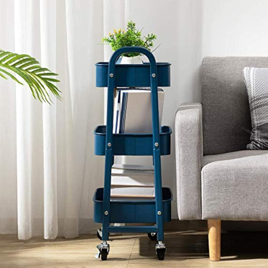 DOEWORKS 3-Tier Metal Rolling Utility Cart – Navy Blue Storage Trolley