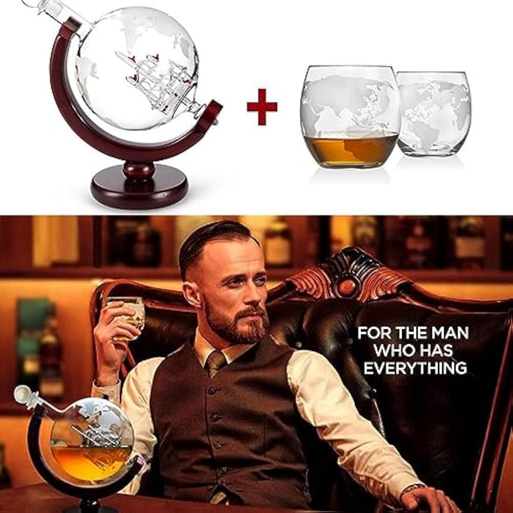 Whiskey Globe Decanter Set – 850ml Glass Carafe with Ship