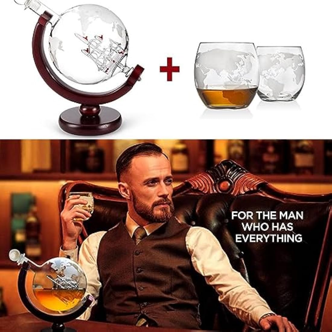 Whiskey Globe Decanter Set – 850ml Glass Carafe with Ship