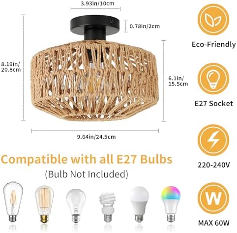 FORCOSO Rattan Ceiling Light – Boho Handwoven Wicker Lamp for Bedroom