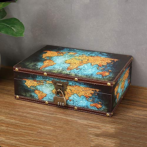 Vintage Wood Treasure Chest – Locking Map Leather Keepsake Box