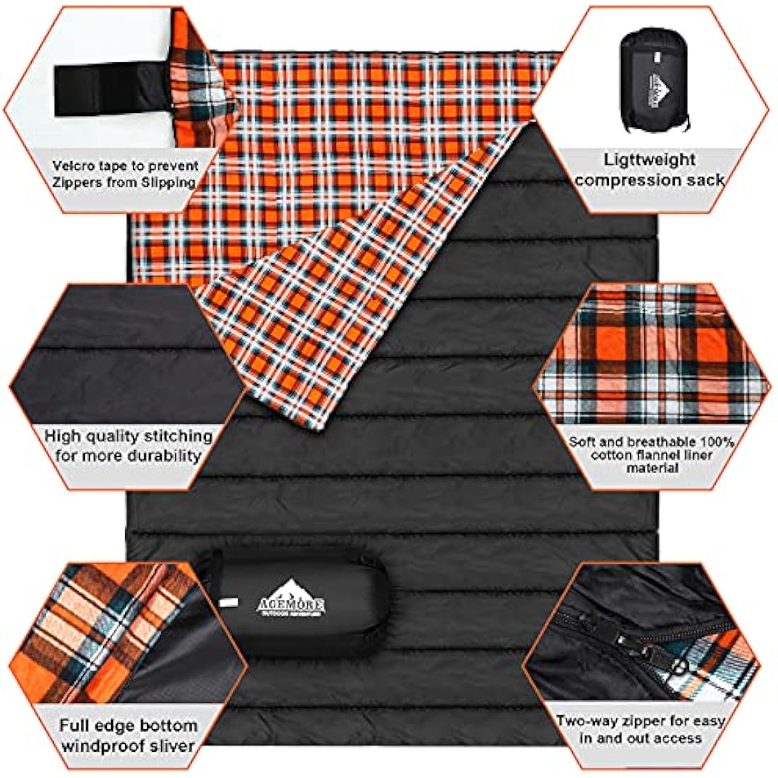 Agemore Double Sleeping Bag – Waterproof Cotton Flannel for Camping