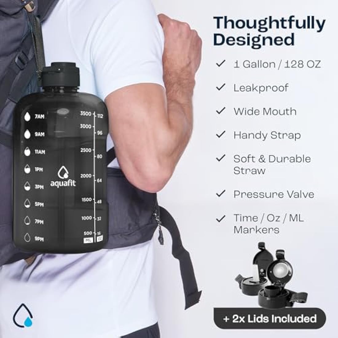 AQUAFIT 1 Gallon Water Bottle with Time Marker – 4L Gym Jug, Grey