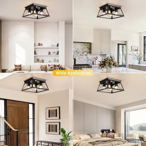 FORCOSO 4-Light Industrial Ceiling Light – Black Metal Flush Mount Lamp
