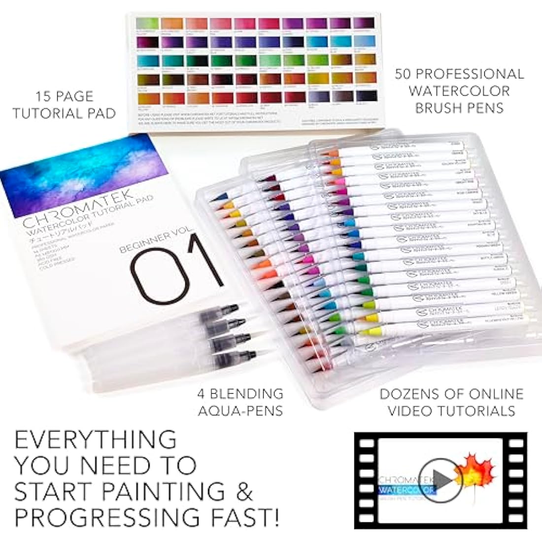 Chromatek Watercolor Brush Pen Set - 54 Pieces with Tutorial Pad