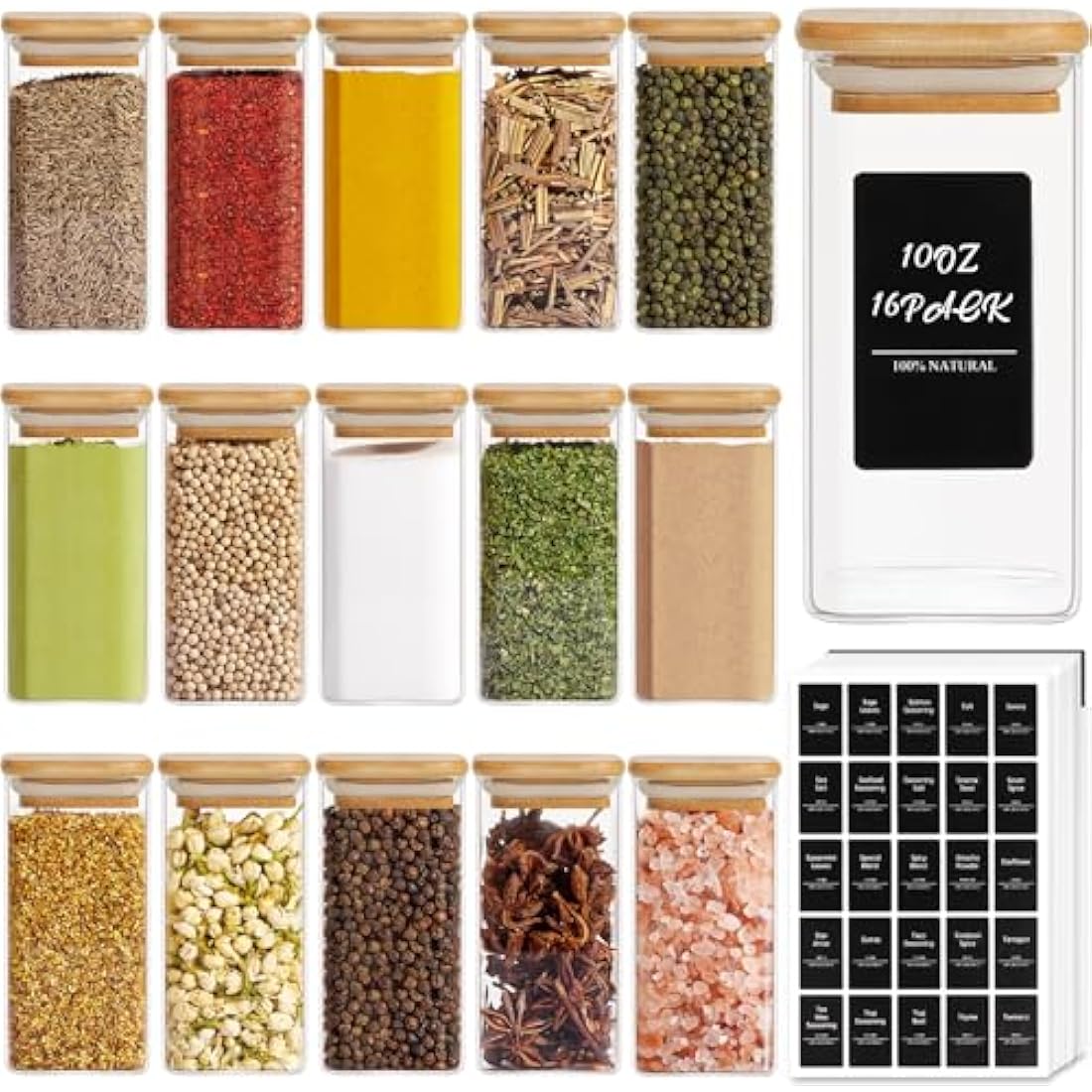 ComSaf 16Pcs Glass Spice Jars with Bamboo Lids - 10oz Airtight Containers