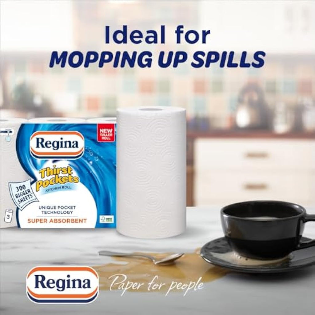 Regina Thirst Pockets Kitchen Roll – 12 Bulk Rolls, 1200 Sheets
