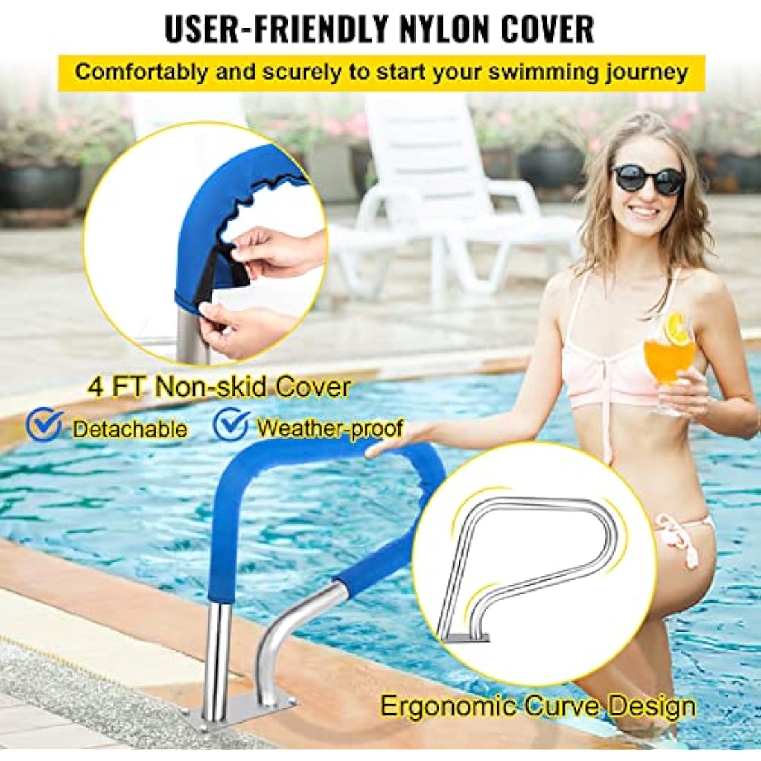 VEVOR Pool Handrail – 304 Stainless Steel Rail with Blue Grip Cover