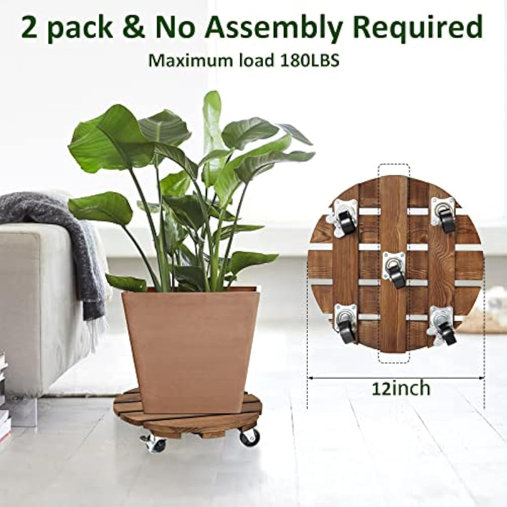 Yangbaga 12" Wood Plant Caddy | 2-Pack Heavy Duty Rolling Stand