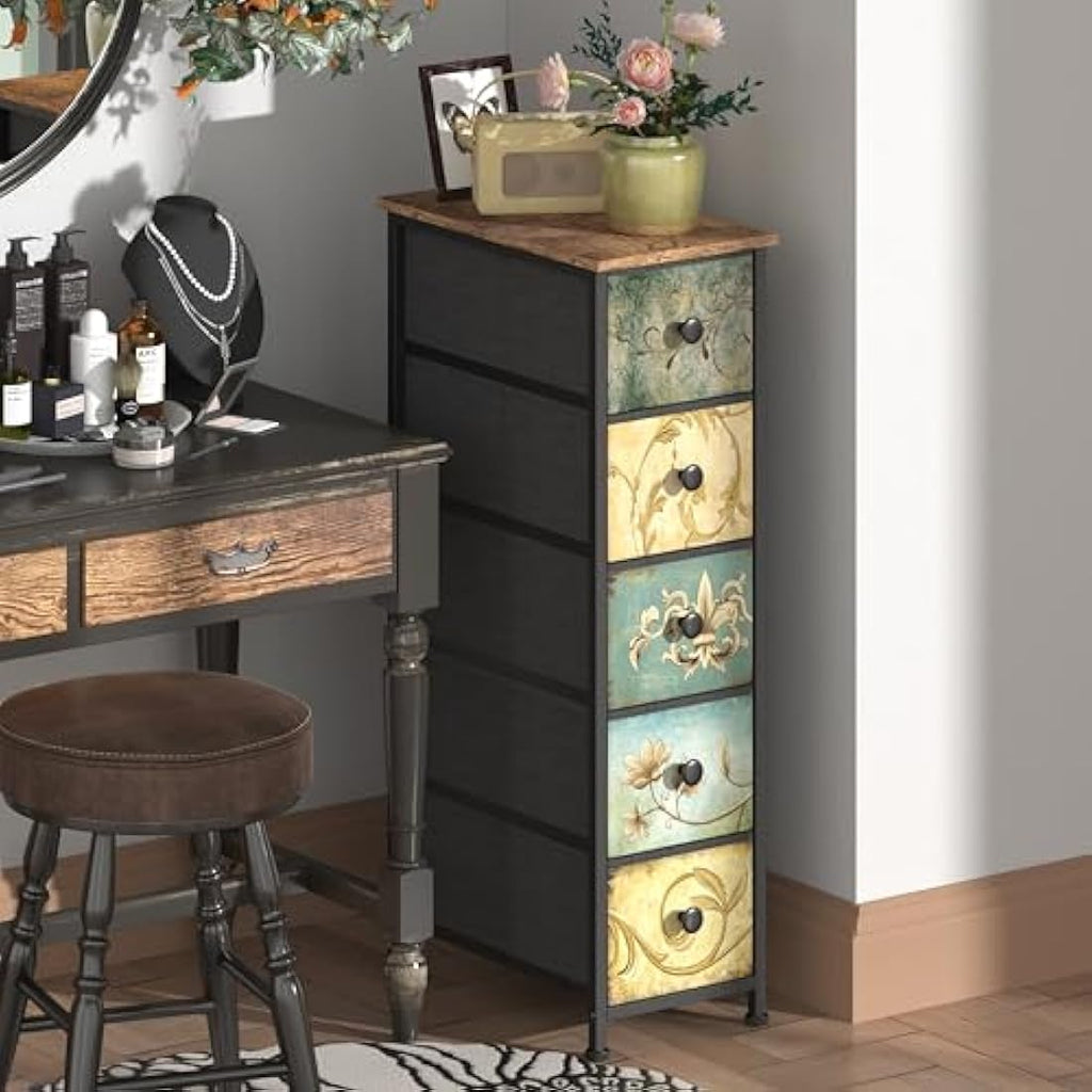 VEDECASA Slim 5-Drawer Storage Tower – Retro Fabric Chest of Drawers