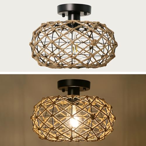 LynPon Rattan Ceiling Light – Boho Woven Hemp Rope Semi Flush Mount