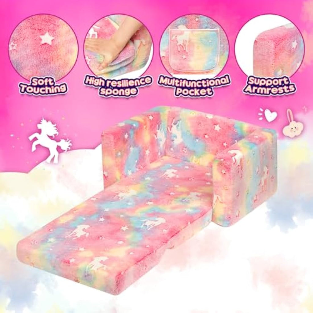 BEJOY Kids 2-in-1 Flip Out Sofa Bed – Flannel Toddler Lounger, Unicorns