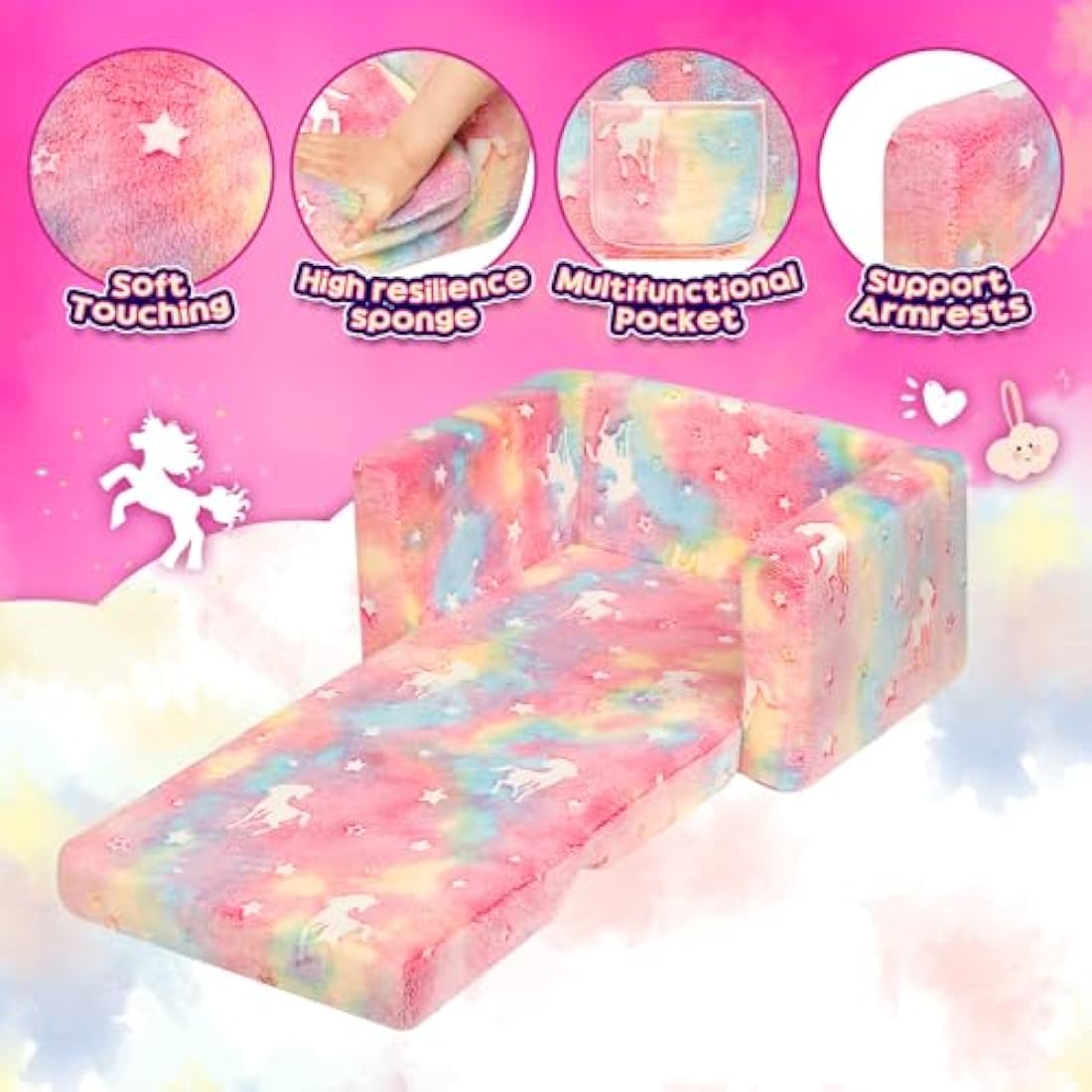 BEJOY Kids 2-in-1 Flip Out Sofa Bed – Flannel Toddler Lounger, Unicorns