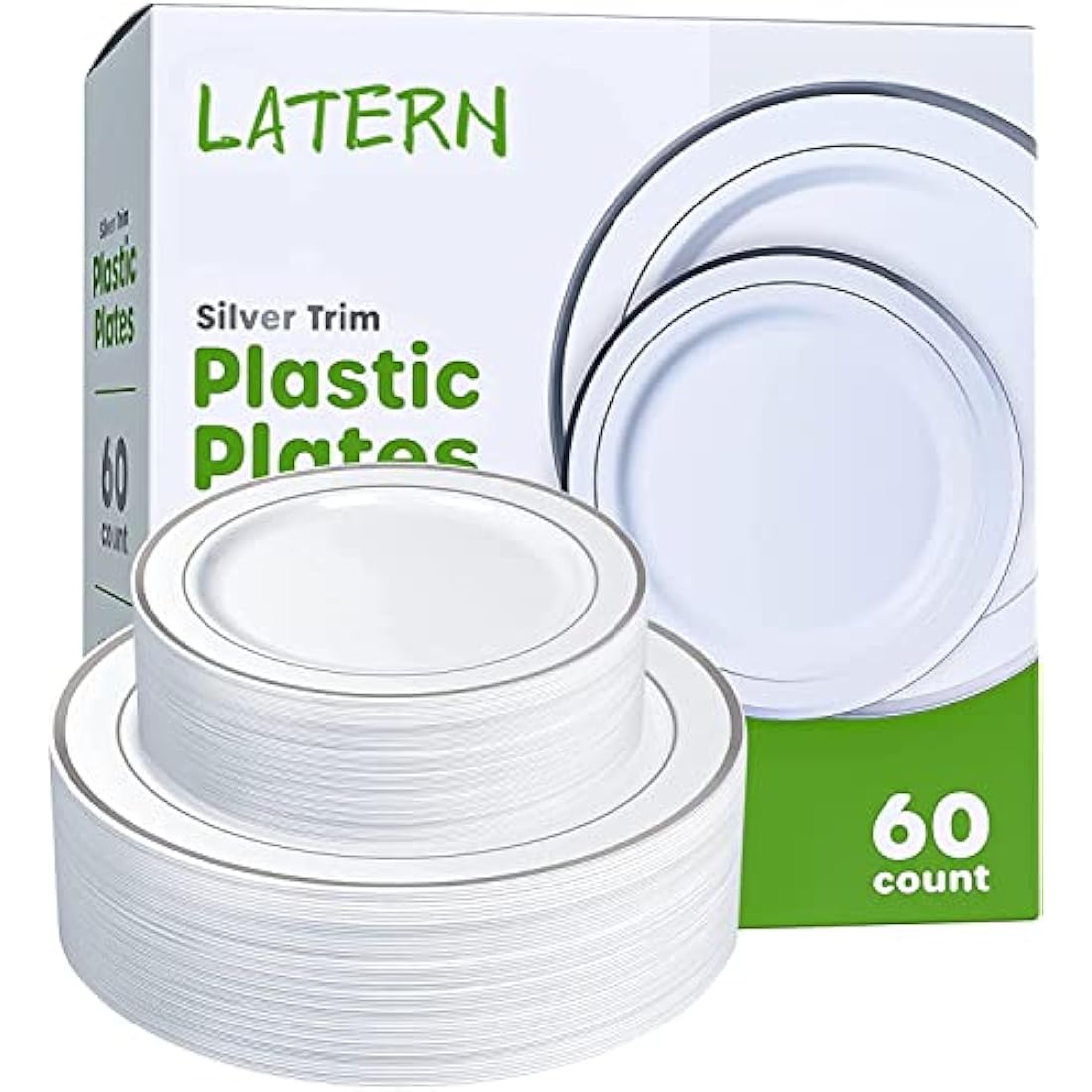 LATERN 60Pcs Silver Rim Plastic Dinnerware Set | Reusable Party Plates