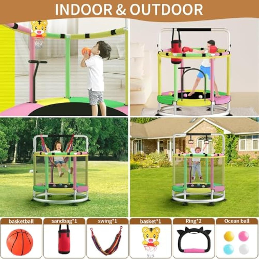 Kids Trampoline with Adjustable Gym Bar and Safety Net