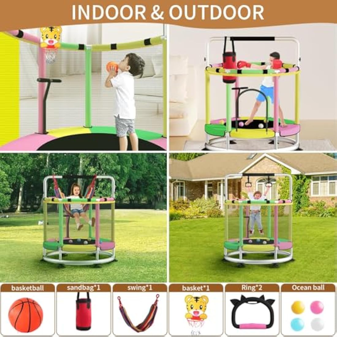 Kids Trampoline with Adjustable Gym Bar and Safety Net