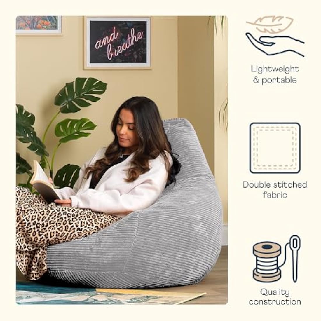 Icon Dalton Corduroy Recliner Bean Bag Chair - Grey Large Adult Seat