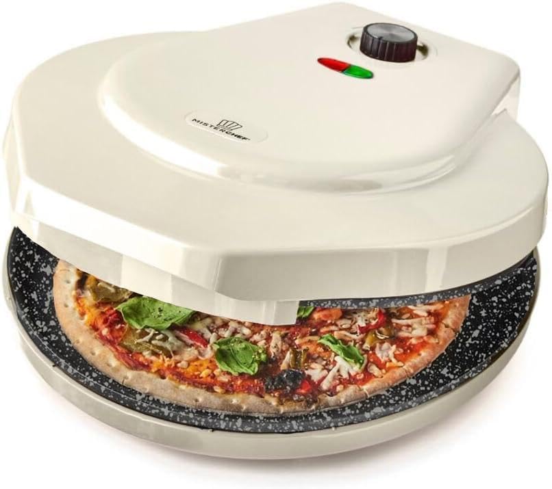 MisterChef 12 Inch Pizza Maker - 1450W Nonstick Ceramic Plates, Cream